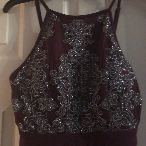 Xtraordinary Dark Red Y-Halter Sequin Bodice Dress - Picture 2 of 5